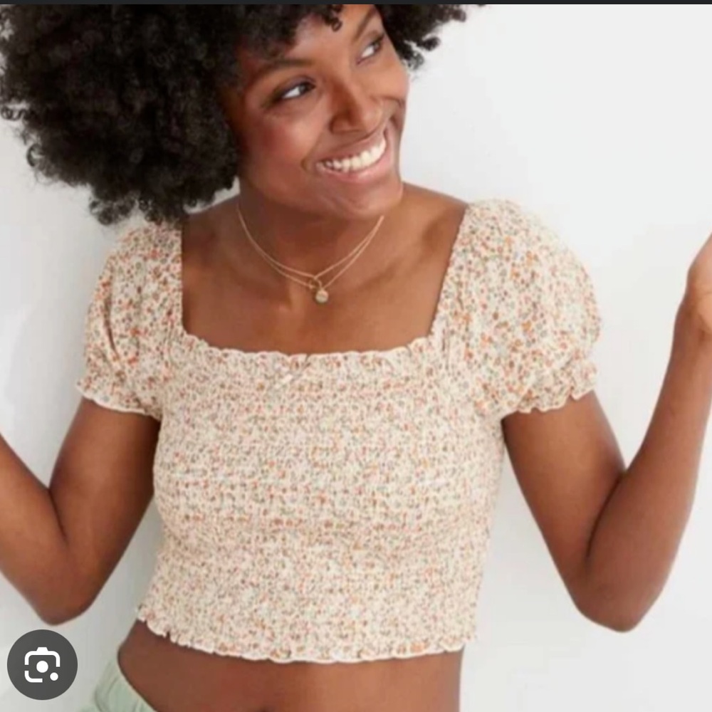 Aerie Smocked Floral Crop Top - Orange and Cream